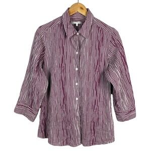 Foxcroft Womens 3/4 Sleeve Purple Gingham Button Down Shirt Sz 14 Shaped Casual